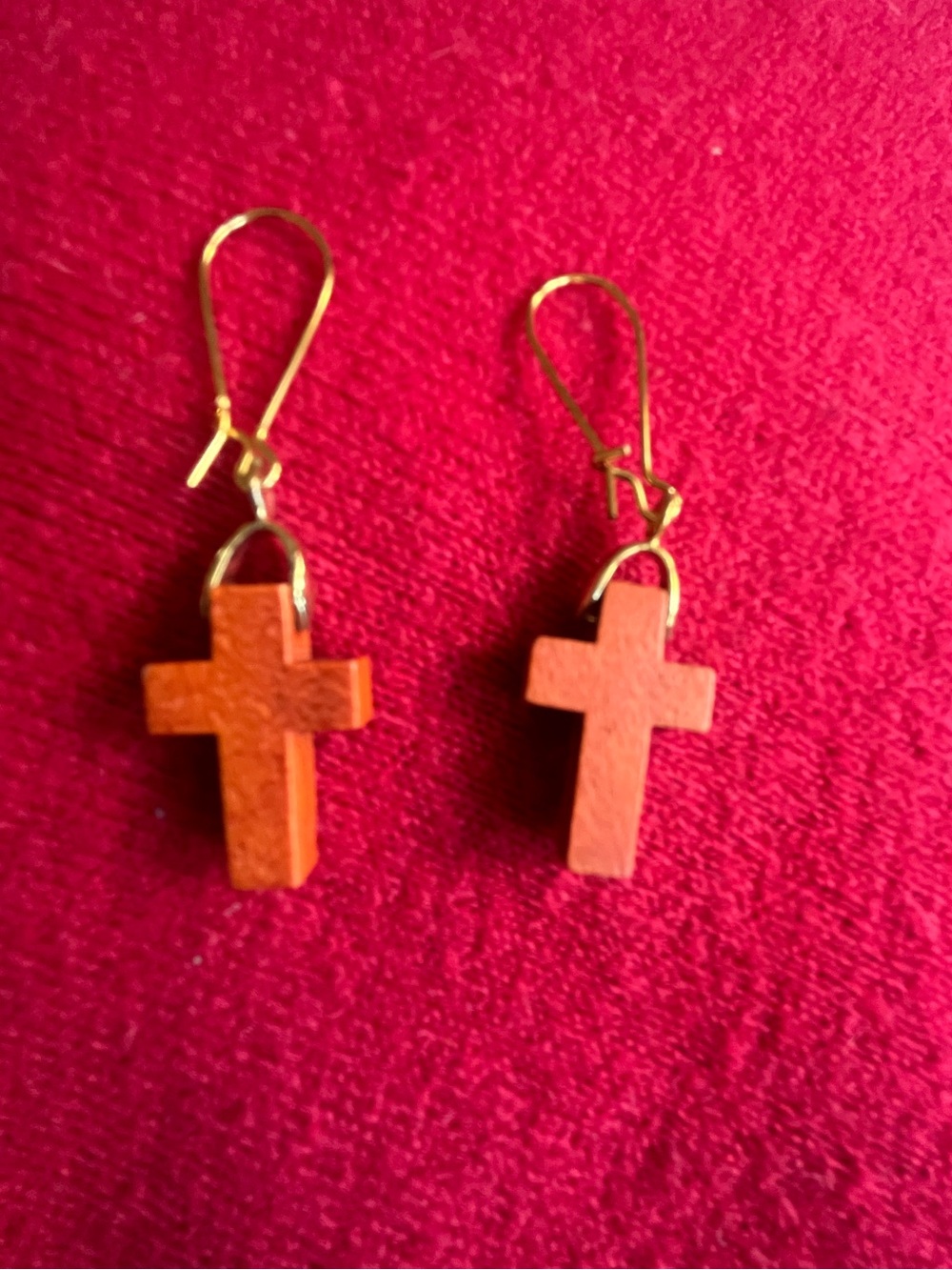 Hand Crafted Wooden Cross Earrings - Orange